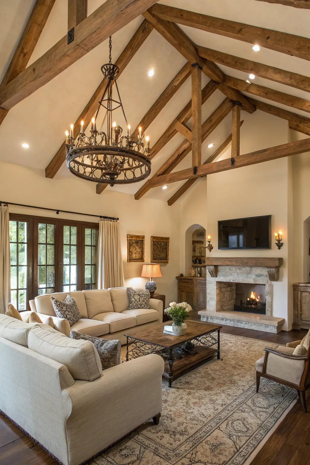 Exposed timber beams contribute architectural grace and countryside allure to the living space.