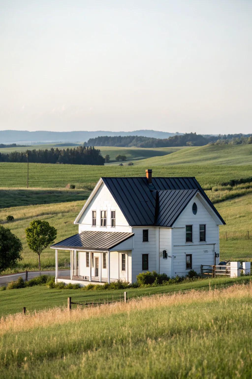 Stark contrast: A white farmhouse enhanced by a striking jet metal roof.