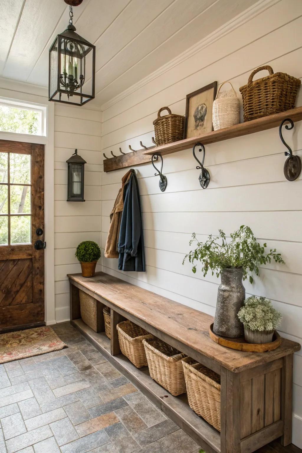 Enchanting mudroom showcasing plank paneling for a countryside sensation.