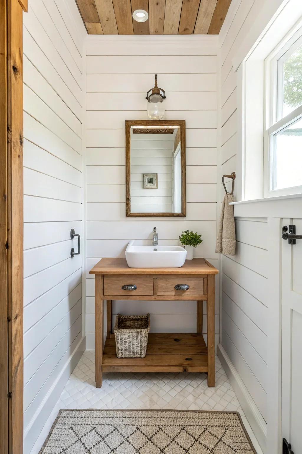 A washroom displaying light plank clad walls and inviting wood highlights.