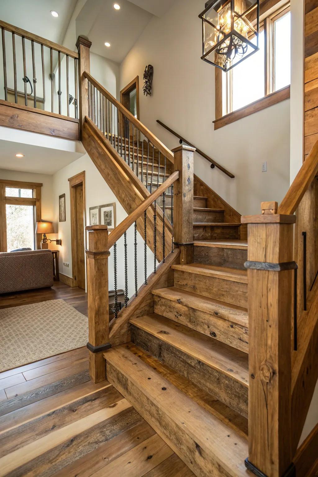 A staircase featuring reclaimed wood steps and natural wood railings, embodying rustic charm.