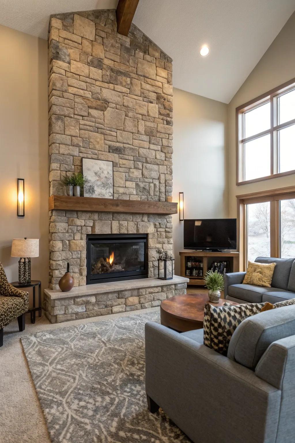A classic stone accent wall introduces refinement and coziness.