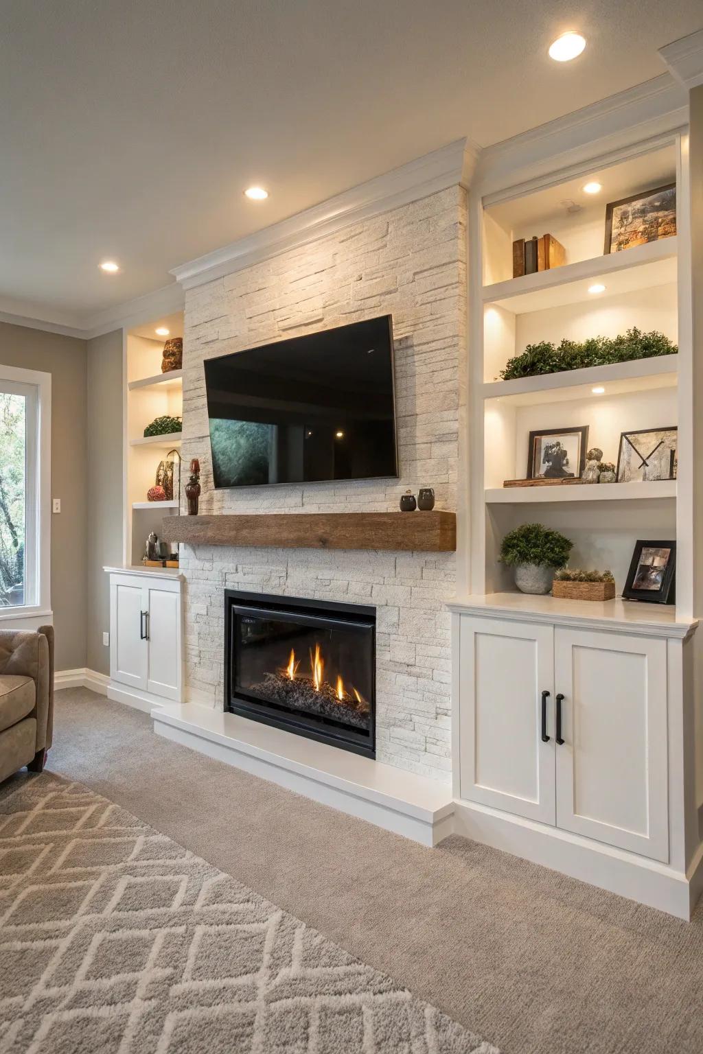 The seamless integration of adhesive shelves around a hearth and display screen arrangement.
