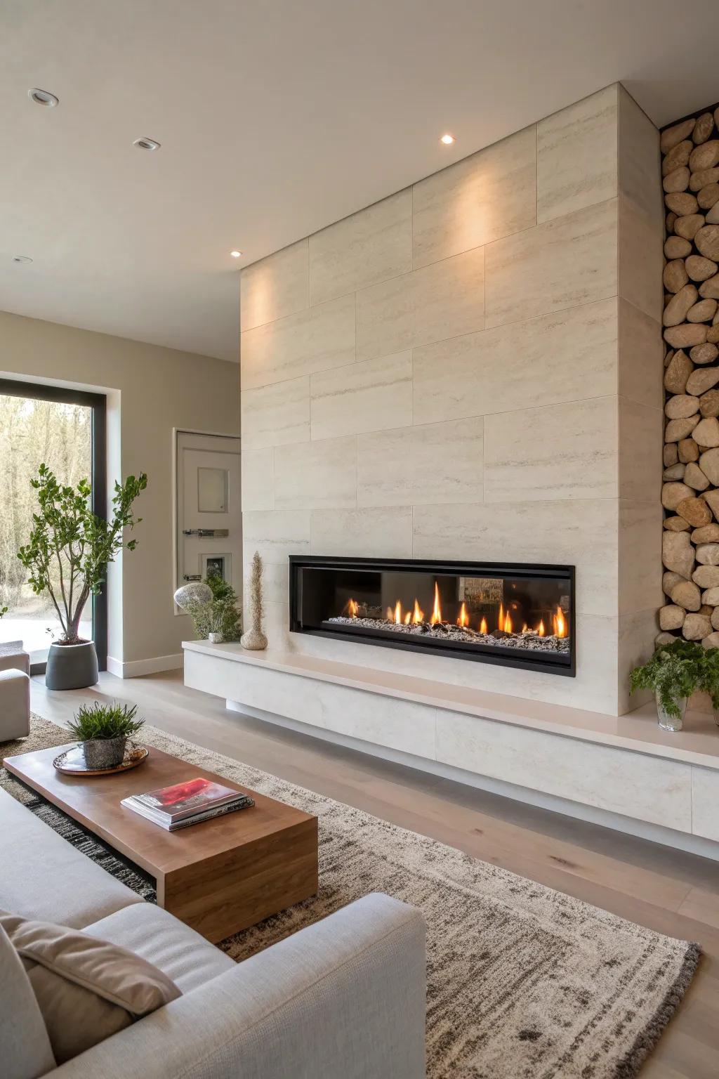 A straight-line firebox is flawlessly incorporated into the wall of a minimalist living room.