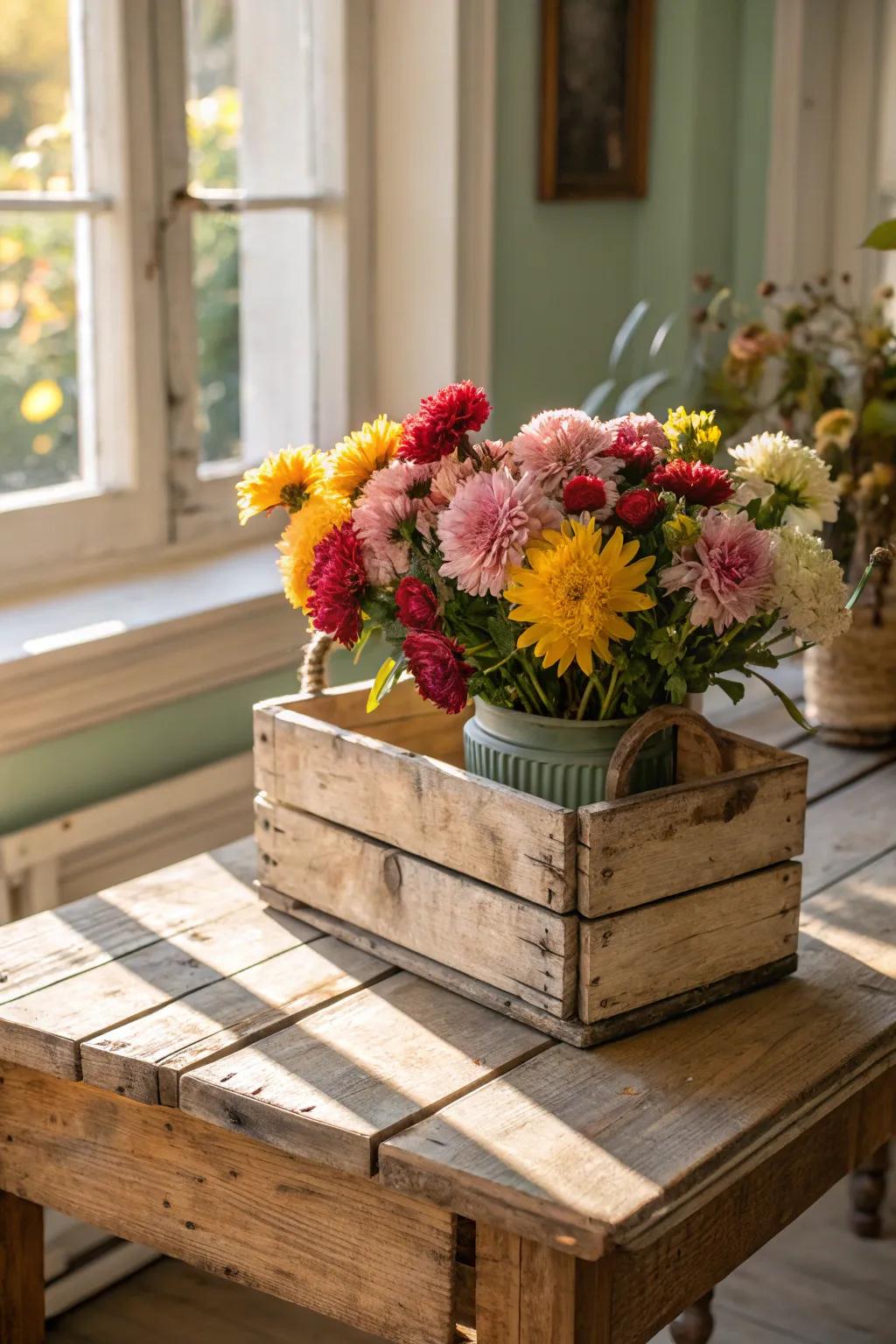 A wooden crate repurposed as a unique container for a lively flower arrangement.
