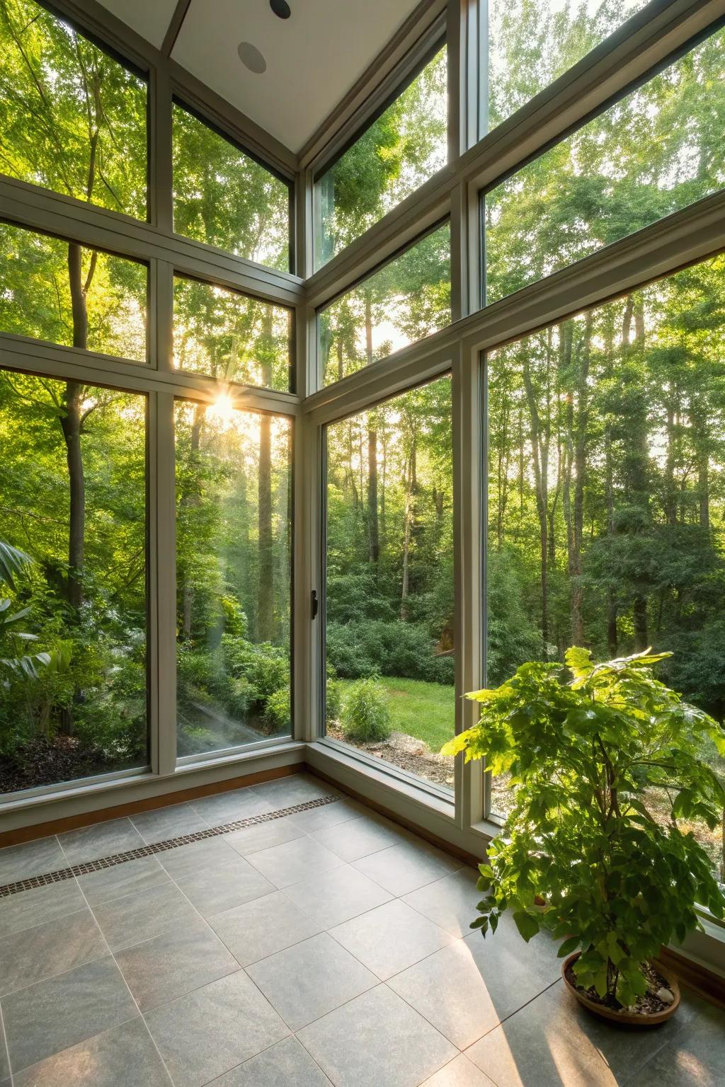 Sunlight cascades into a modern sunroom, crafting an inviting and snug setting.