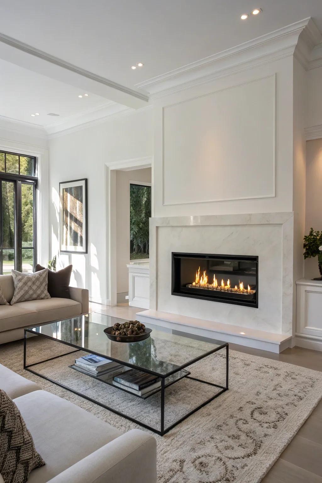 A wall-integrated gas fireplace set within a minimalist decor.