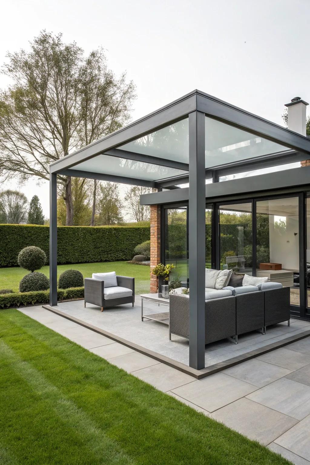 A minimalist steel and glass gazebo seamlessly integrated into a modern backyard landscape.