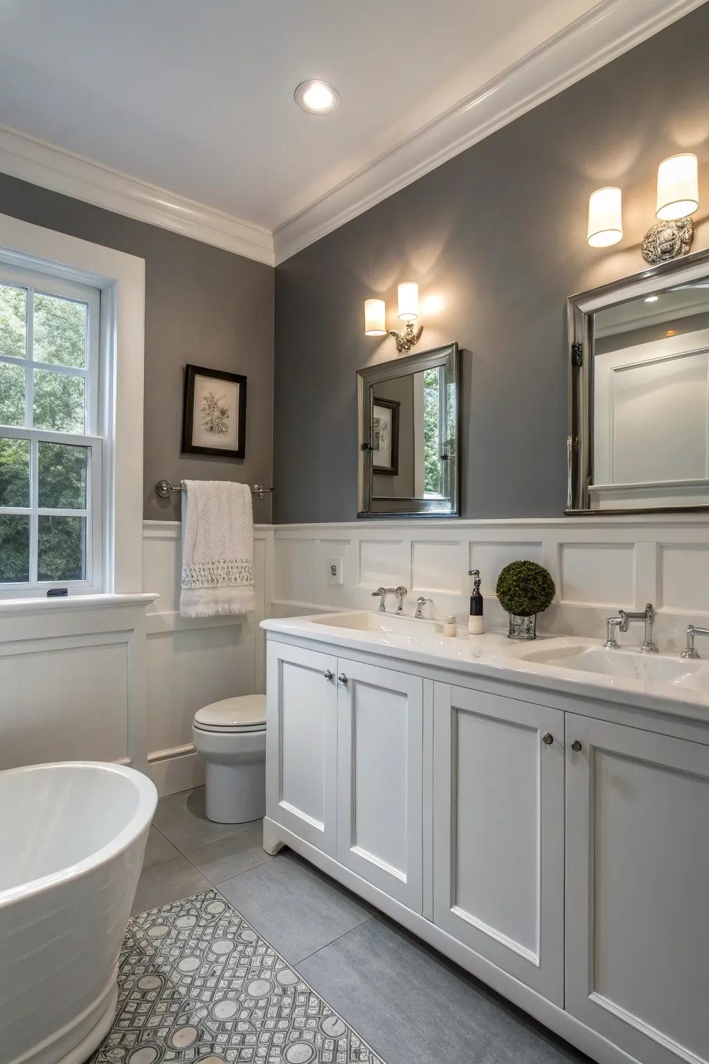 The harmonious blend of gray and white lays the groundwork for a serene bathroom atmosphere.