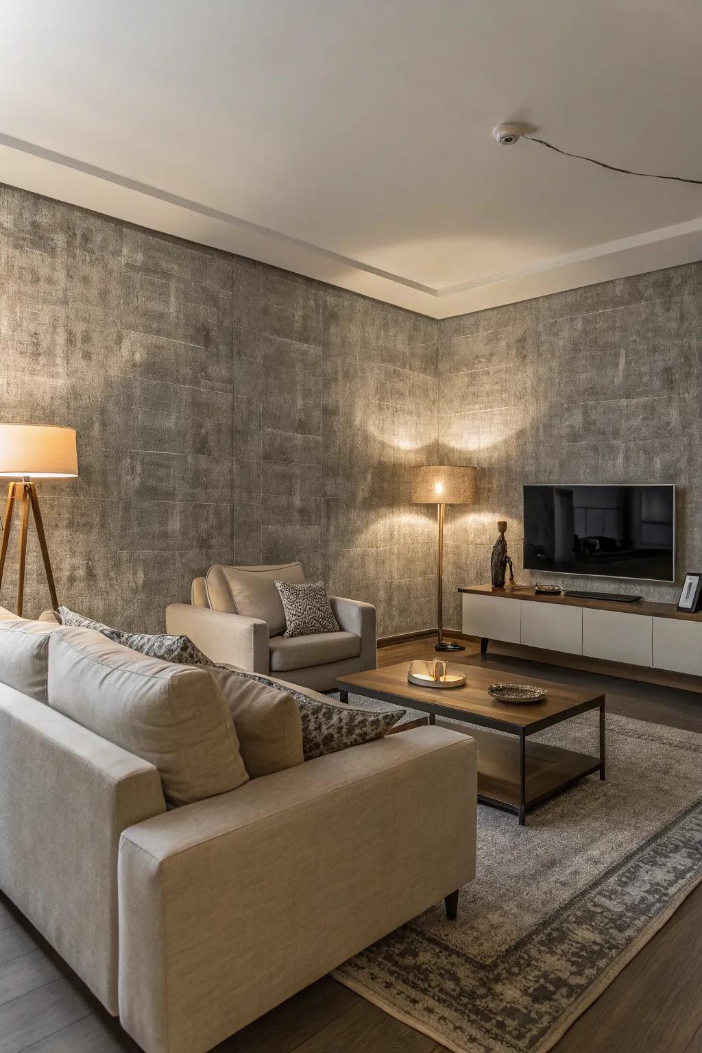 Textured grey wallpaper adds depth to the living room.