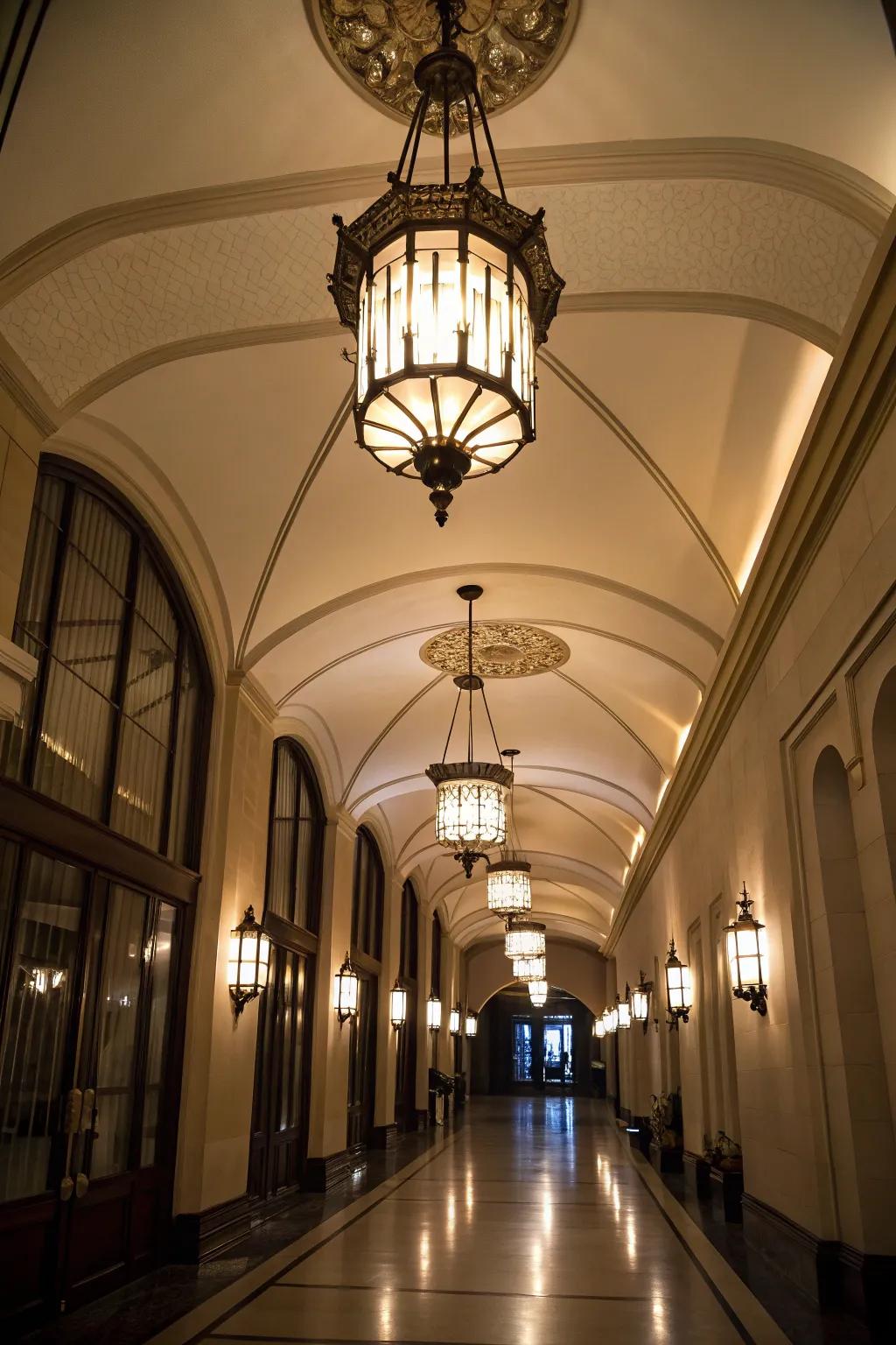 Pendant lights enhance the elegance of hallways with tall ceilings.