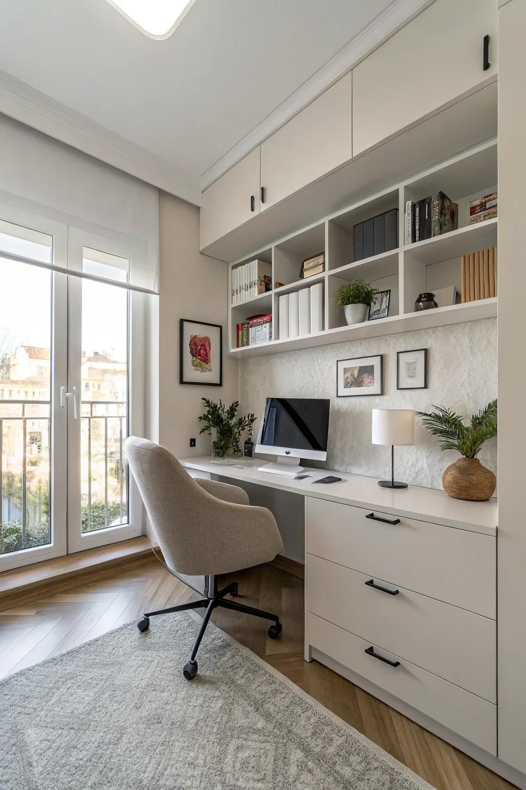 Simplified furnishings in a modern home office setting.