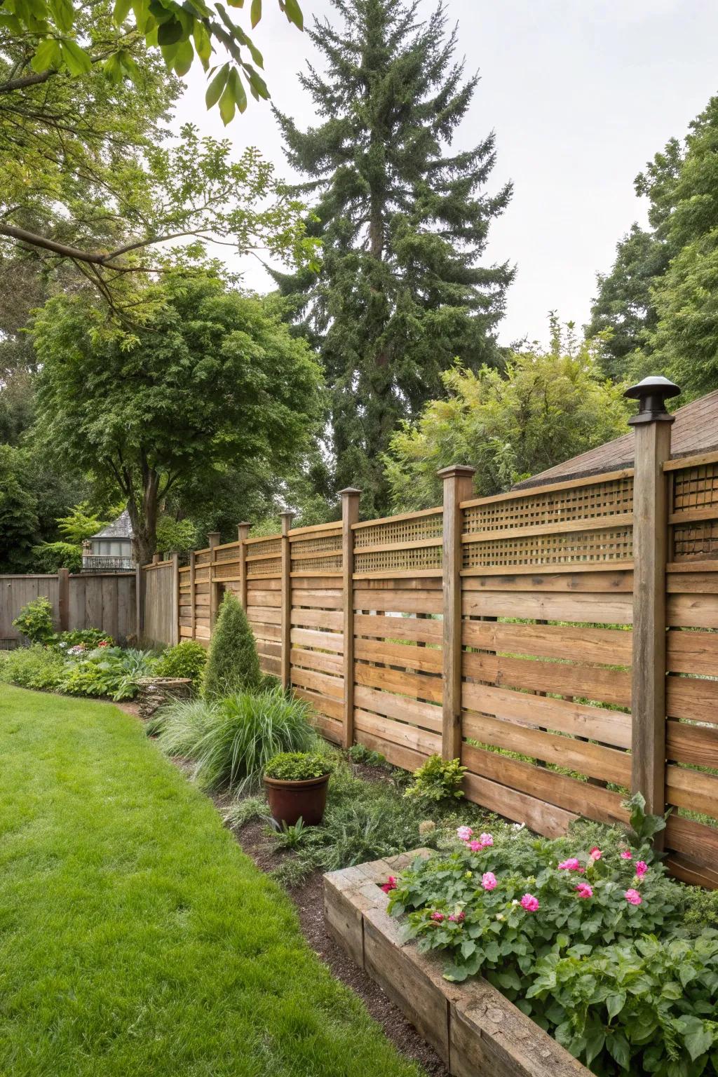 Savor the cozy charm of a classic wooden horizontal fence.