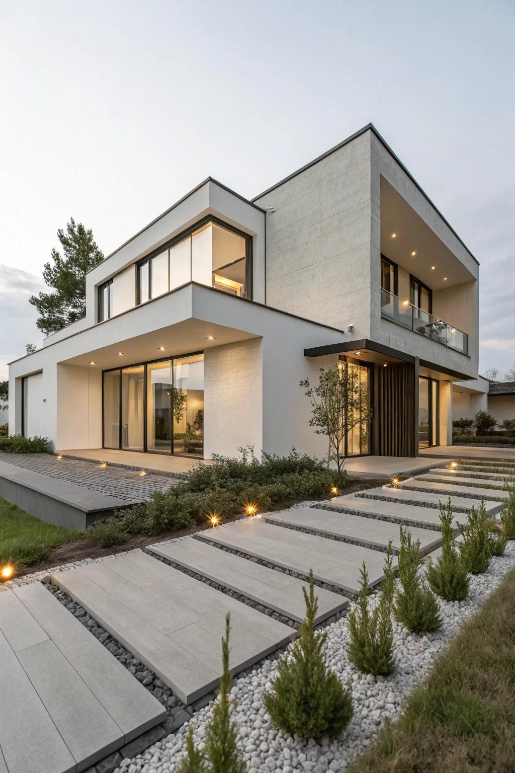 A simple modern home exterior featuring crisp lines and geometric aesthetics.