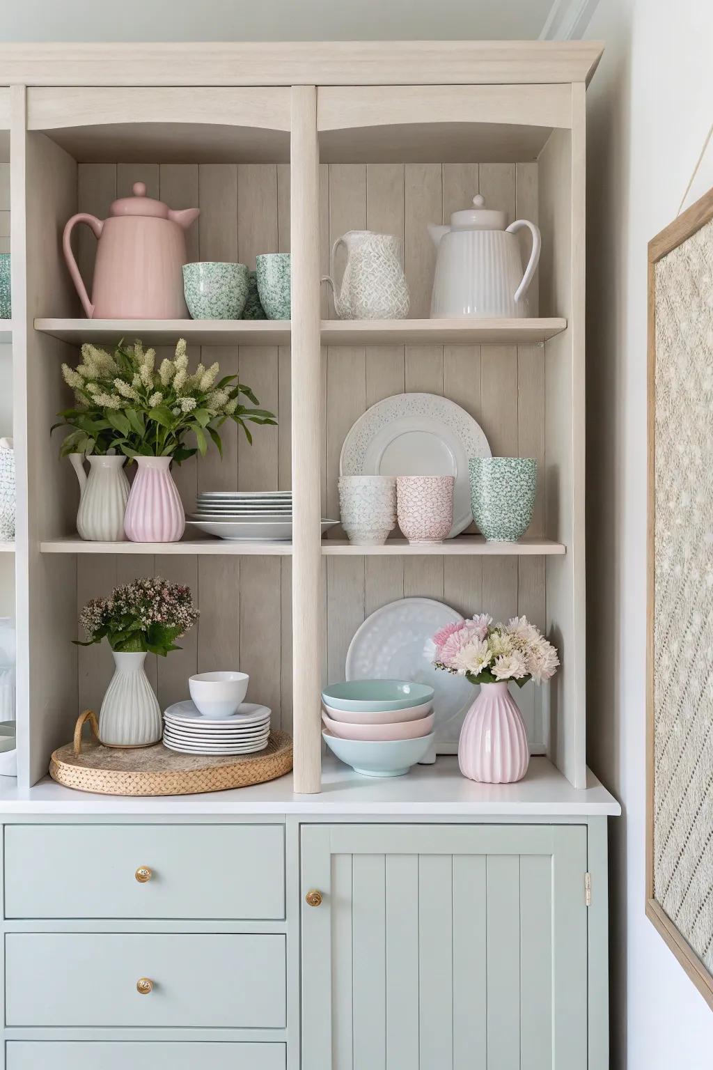 Soft, muted colors create a peaceful and fashionable display cabinet setting.