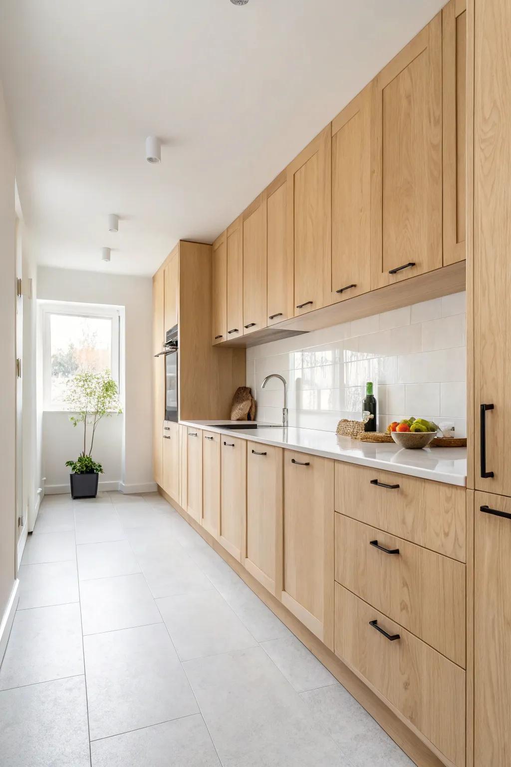 A minimalist kitchen featuring light oak cabinets, characterized by uncluttered designs and understated elegance.