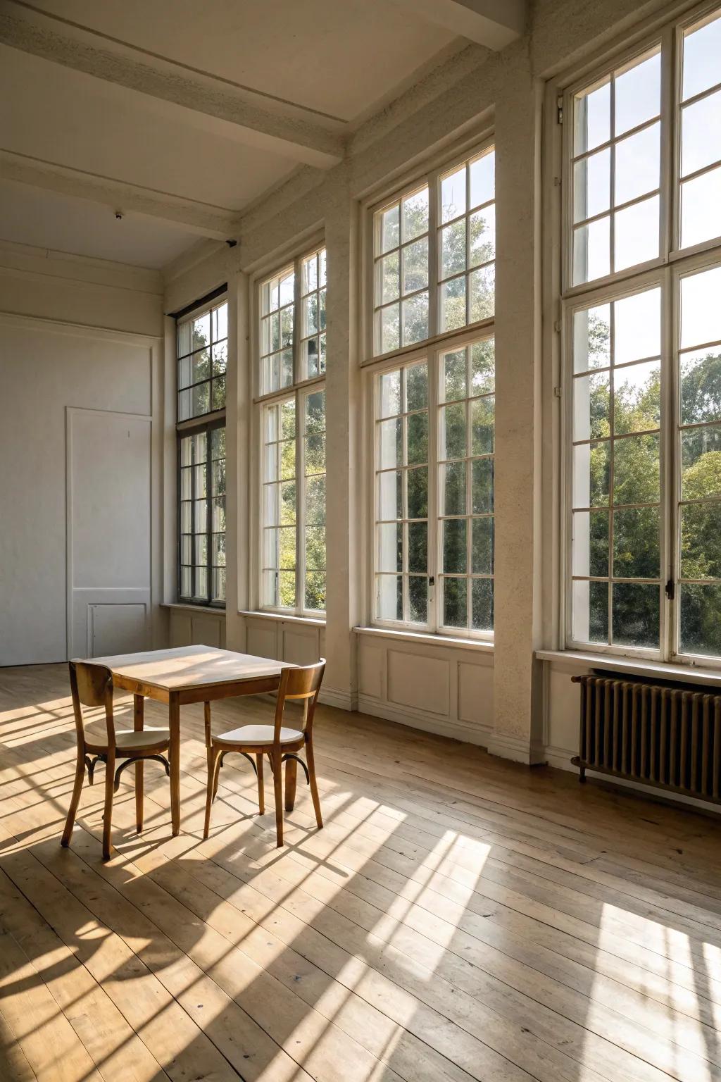 Sunlight pouring into a room with bright wooden floors, crafting an airy ambiance.