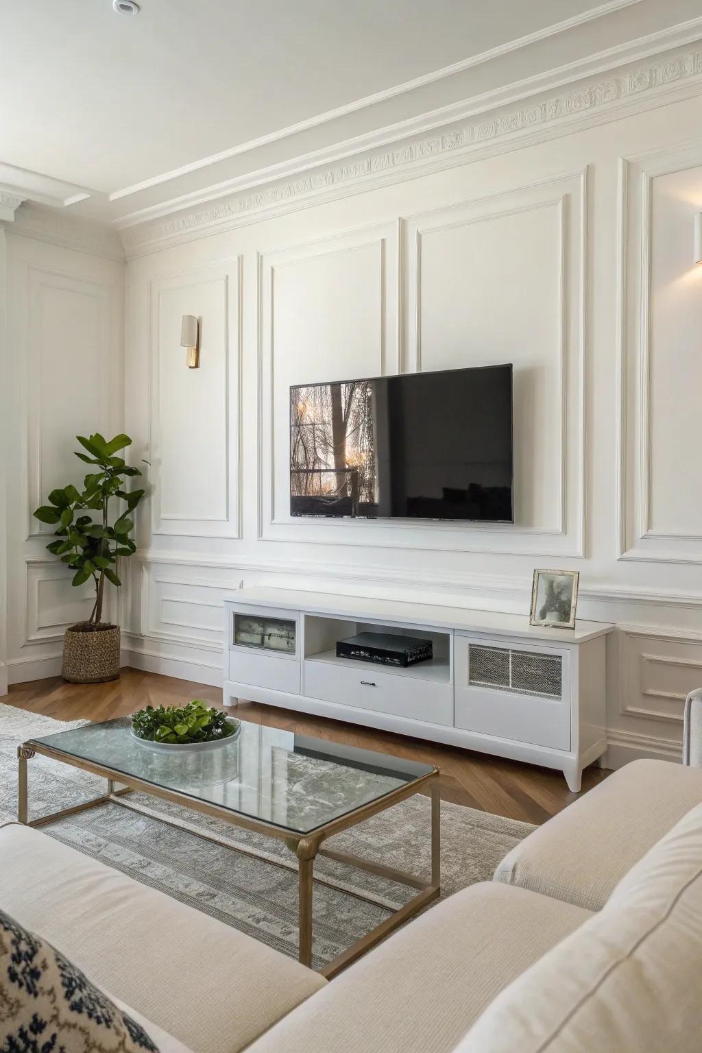 A wall-mounted TV provides a clean and minimalist aesthetic.
