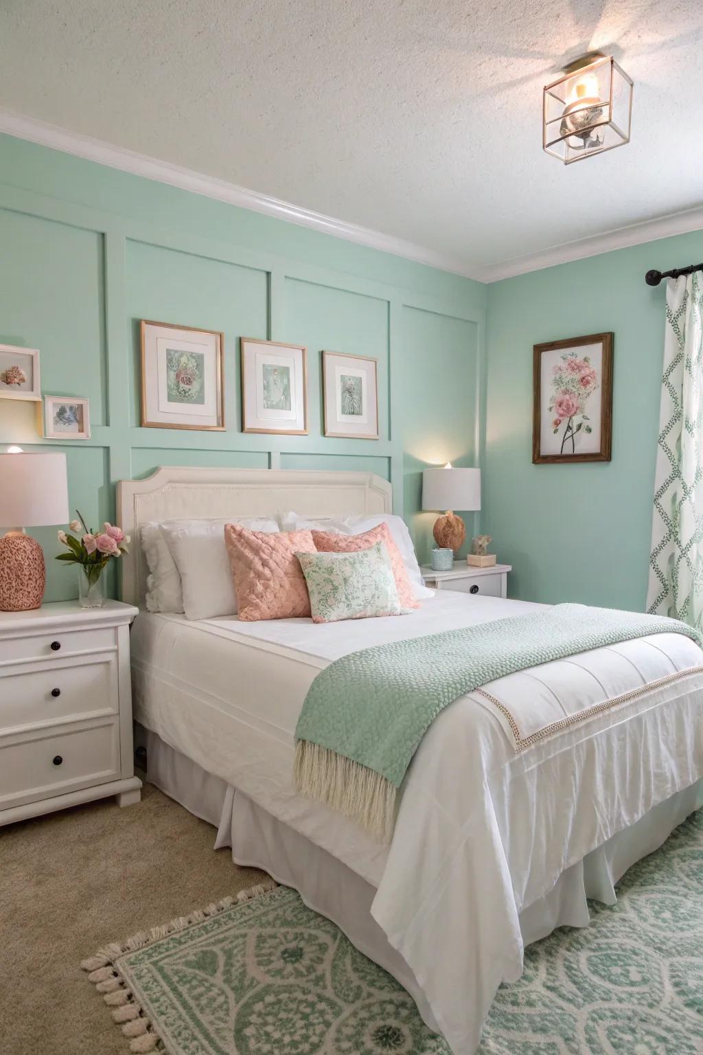 A peaceful bedroom featuring seafoam serenity walls and pastel touches.
