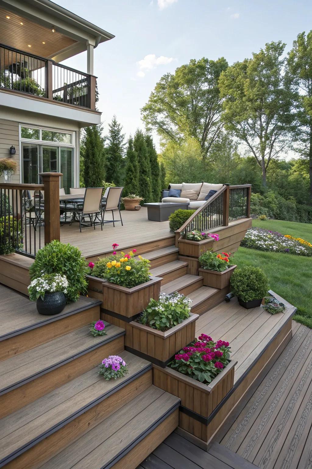 A beautifully layered deck providing diverse viewpoints and inviting seating.
