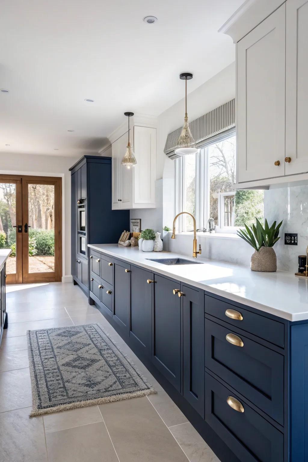 Dark blue cabinets and white countertops make a kitchen that feels new and stylish.