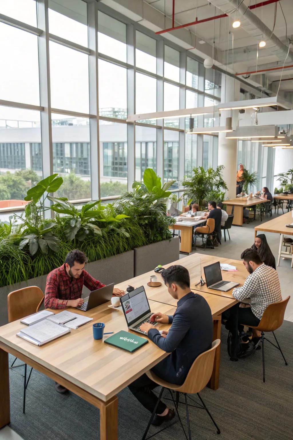 A communal office area with a large table and collaborative workspaces.