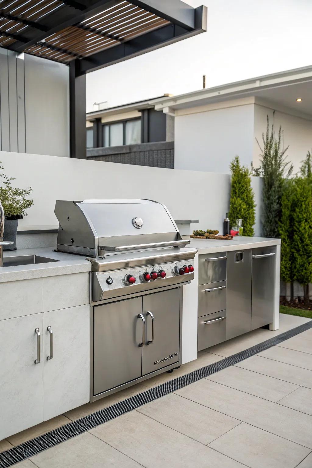 A refined metallic cooking station that introduces modern elegance to outdoor cooking.