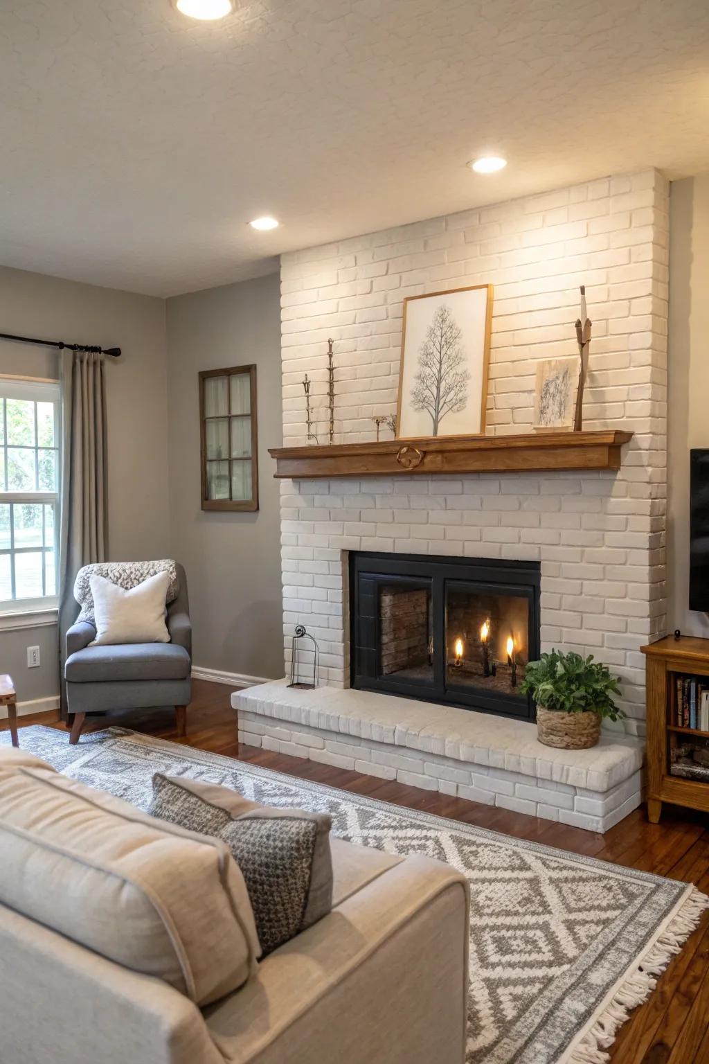 Shadow painted brick fireplace radiates modern elegance.
