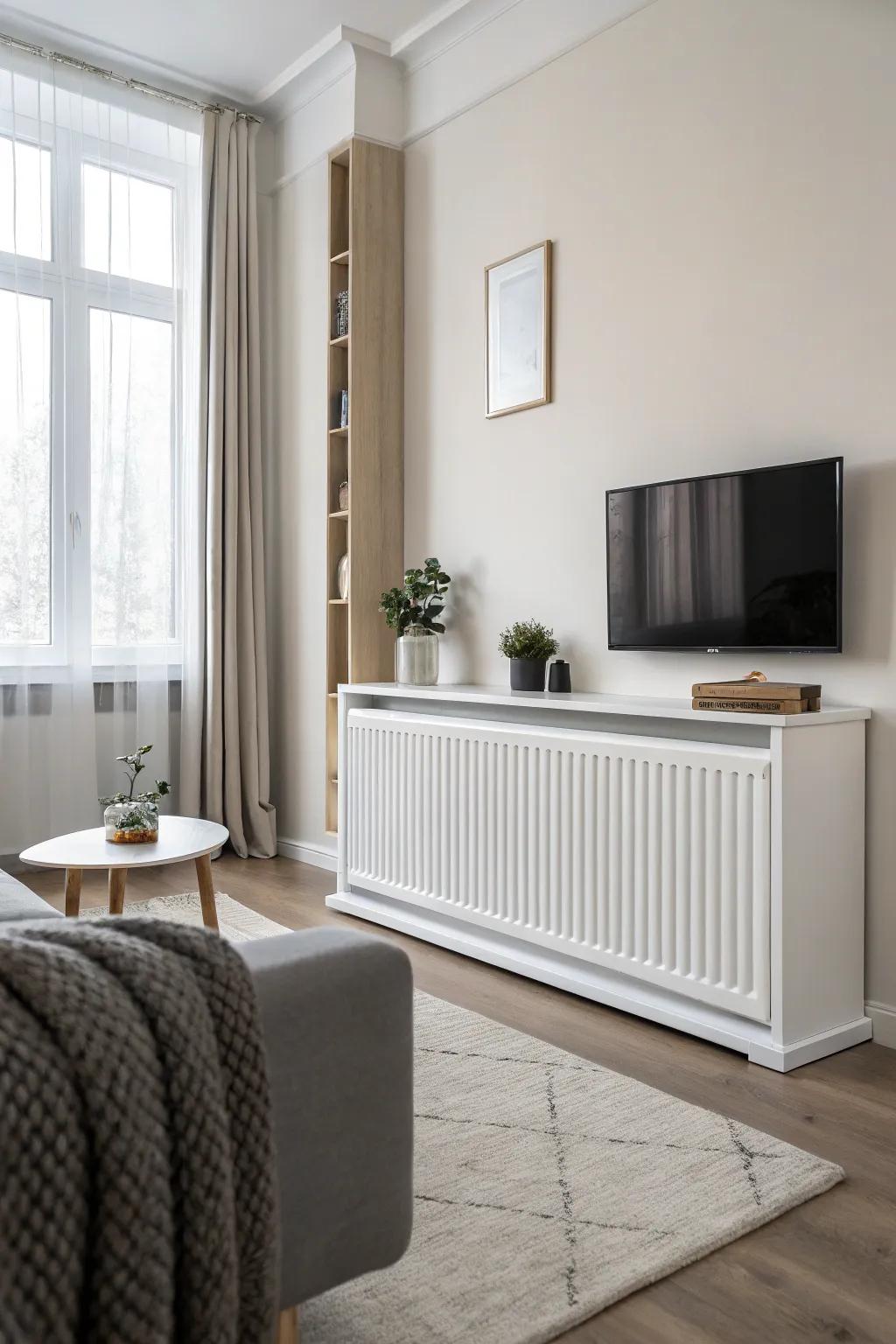 A simple living space showcasing a chic radiator shield.