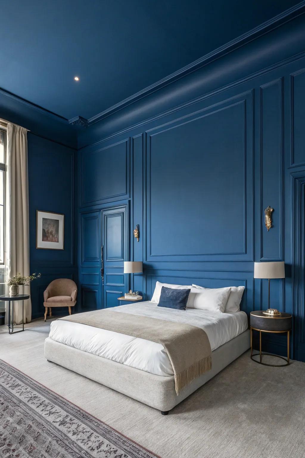 Walls painted a profound majestic blue establish a remarkable and sophisticated backdrop in a modern slumber space.
