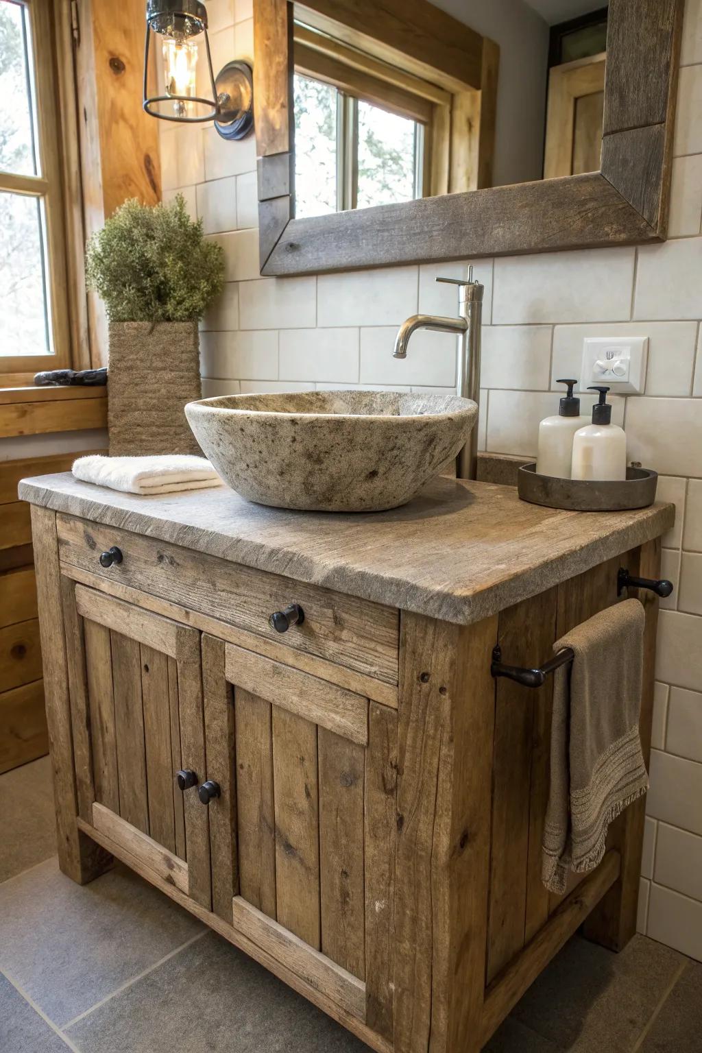 An upcycled lumber washstand combined with sleek fittings for an impeccable farmhouse vibe.