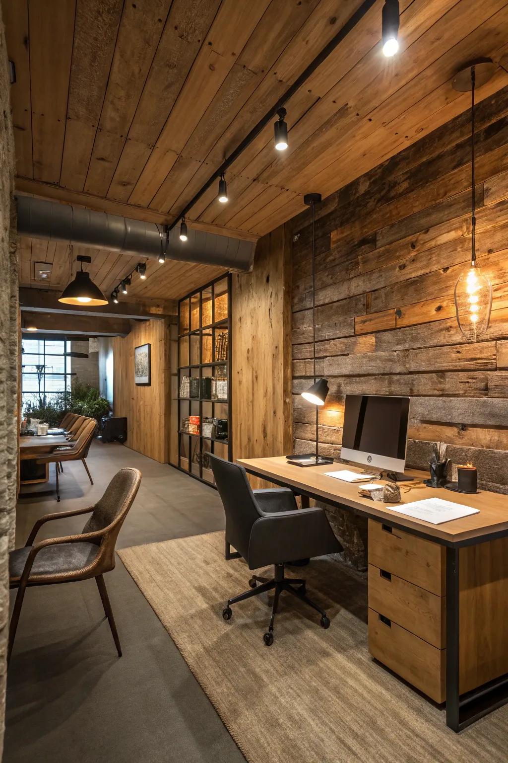 Upcycled timber walls provide a snug setting for a modern rustic office.