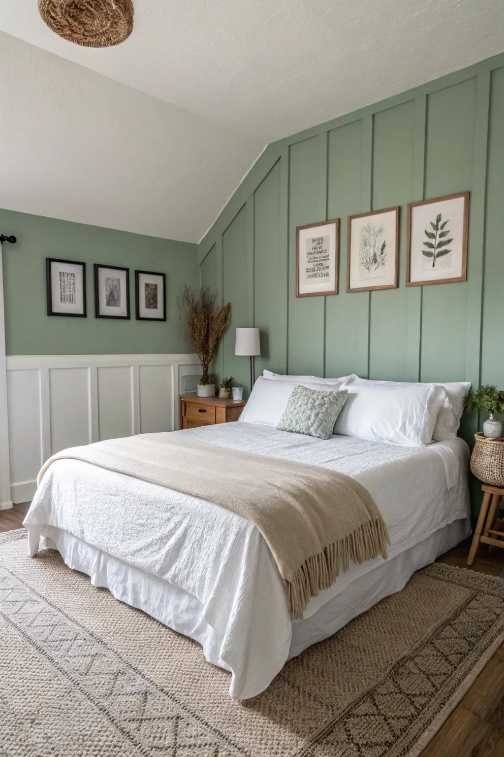 A soft green feature wall establishes a serene ambiance in this modern bedroom.