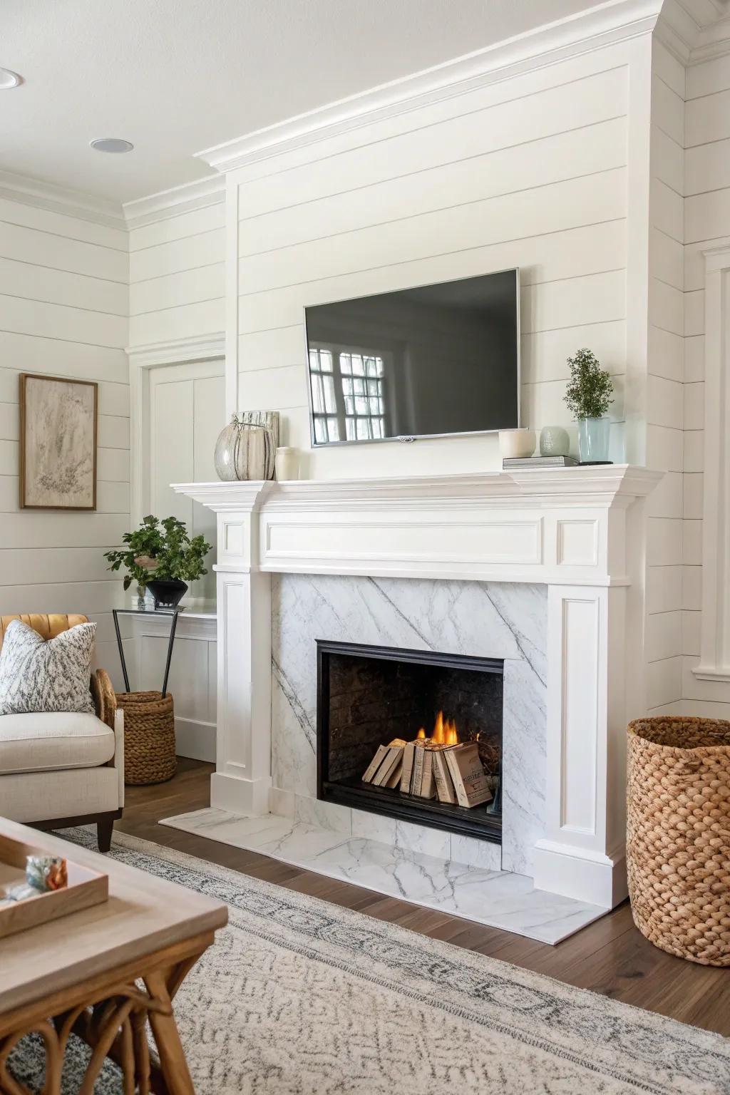 A classic white shiplap fireplace with white marble surround and minimalist decor.