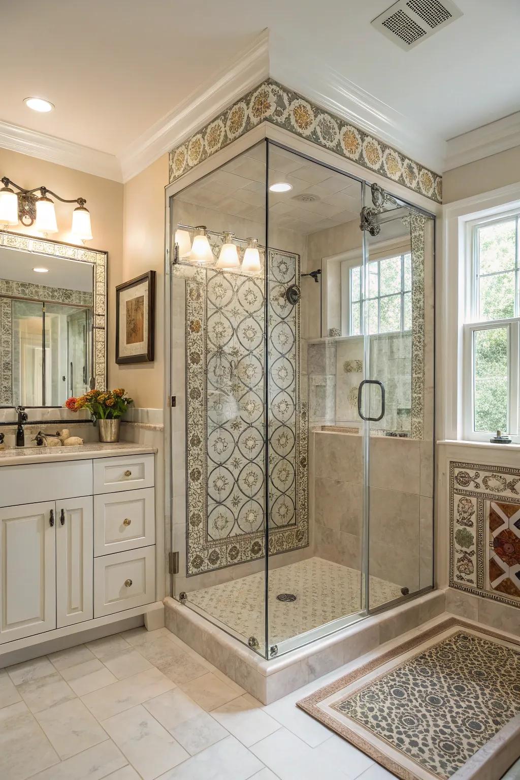 A shower enclosed in glass, highlighting detailed tiles and lots of natural light.
