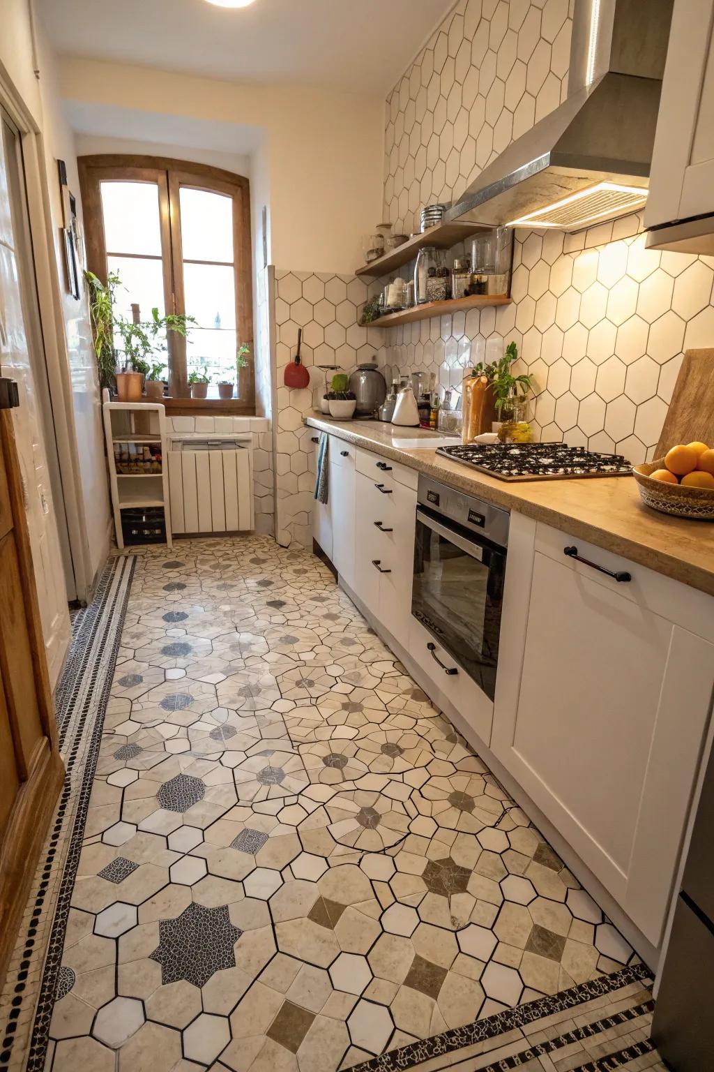 A small kitchen showcasing hexagon patterned floor tiles