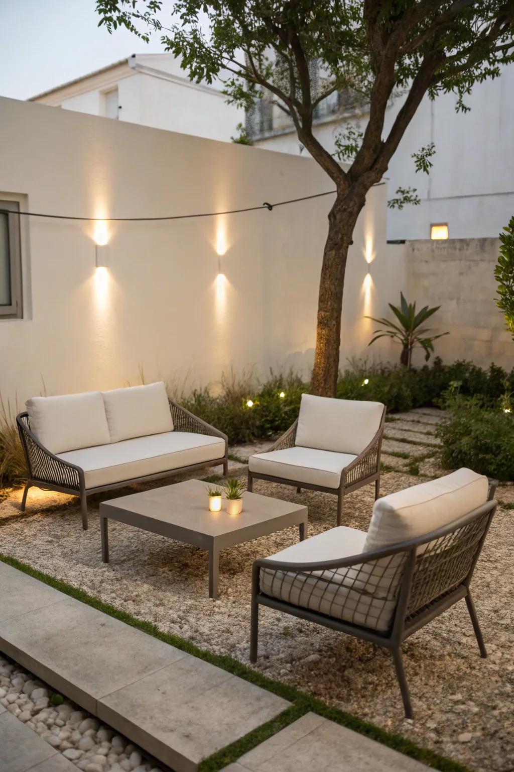 Minimalist garden furniture infusing contemporary sophistication into a small area.