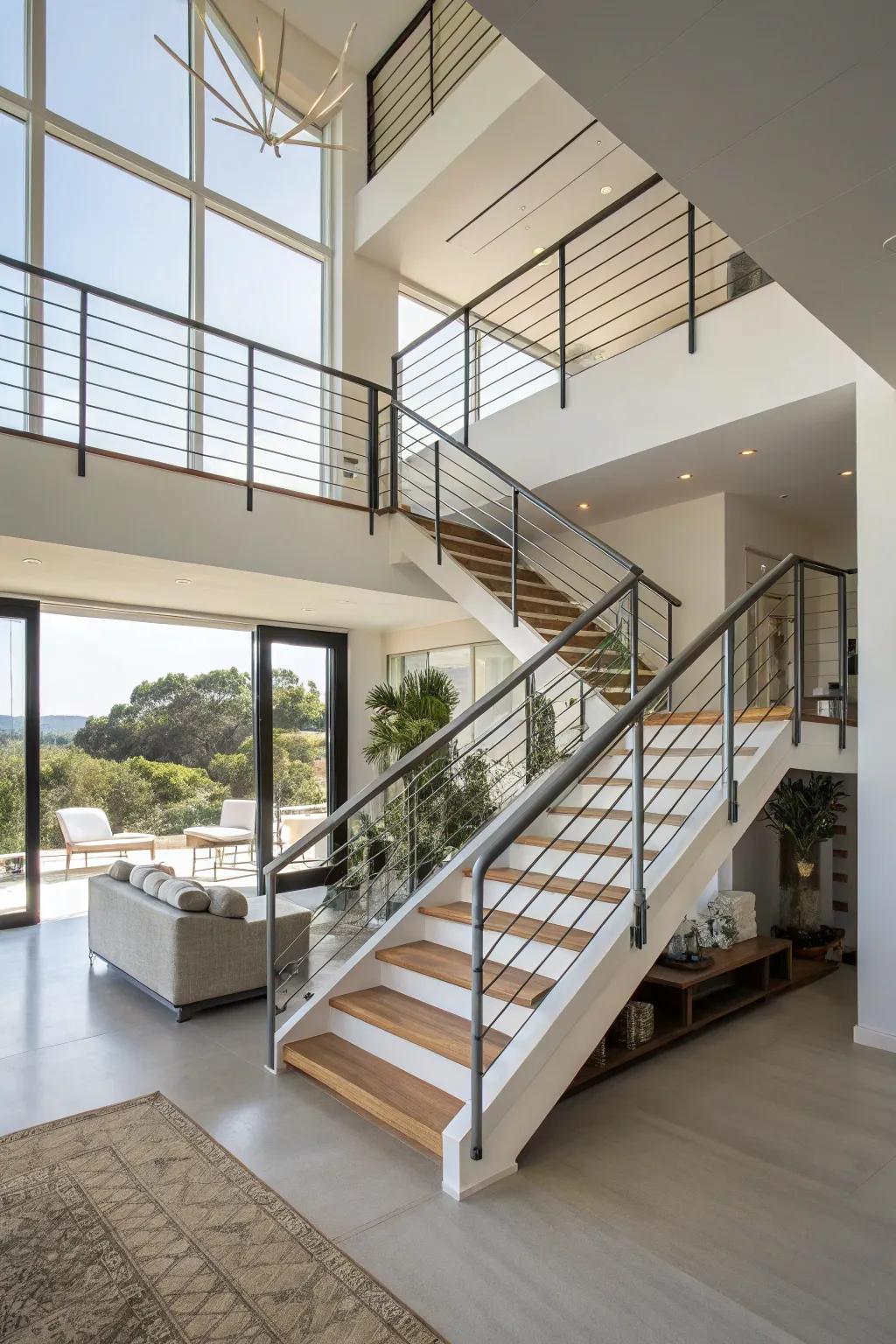 Sparse metal railings that give a light and open impression to a modern residence.