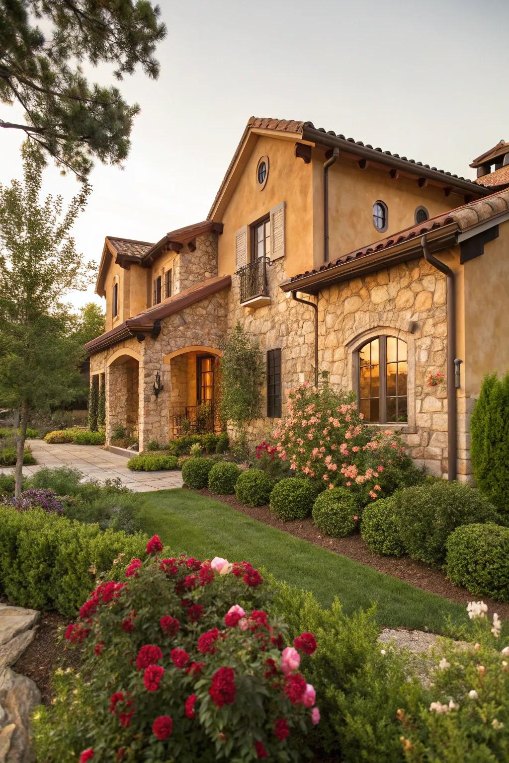 Stucco home showcasing soft cream and stone features.