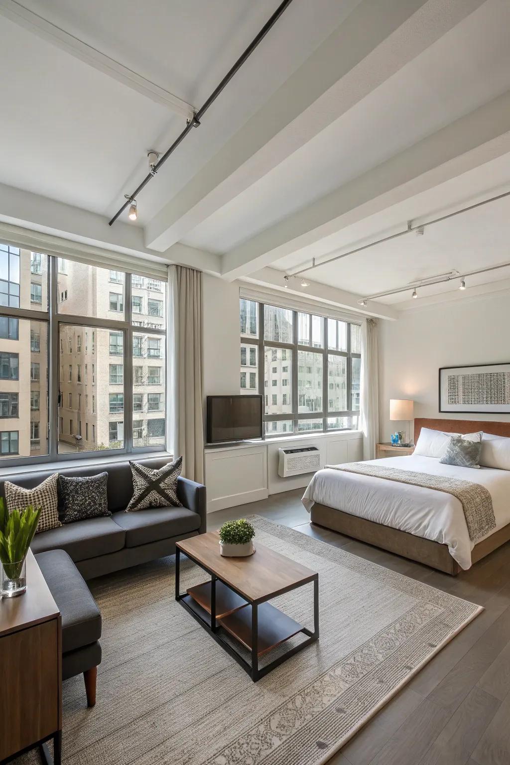A modern studio flat with an open layout that smoothly integrates living and sleeping areas.