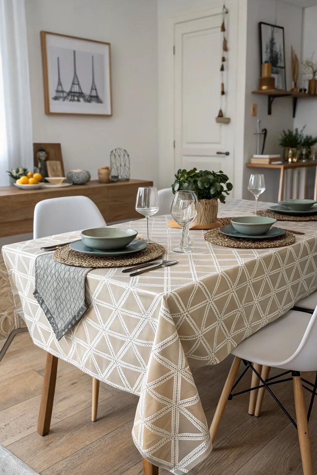 A striking angled pattern table covering makes a statement in the dining area.