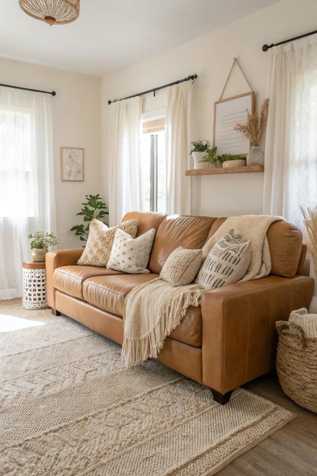 A tranquil sitting room showcasing a russet hide settee with subdued hues.