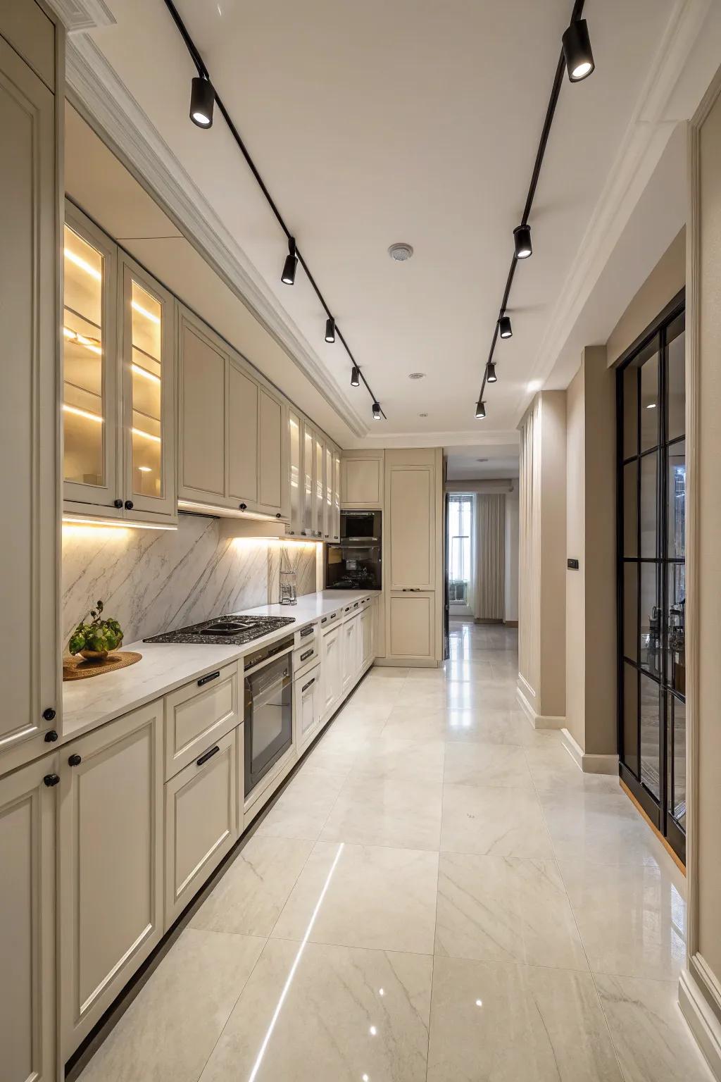 A modern kitchen showcases minimalist track lighting with sleek, uncluttered lines.