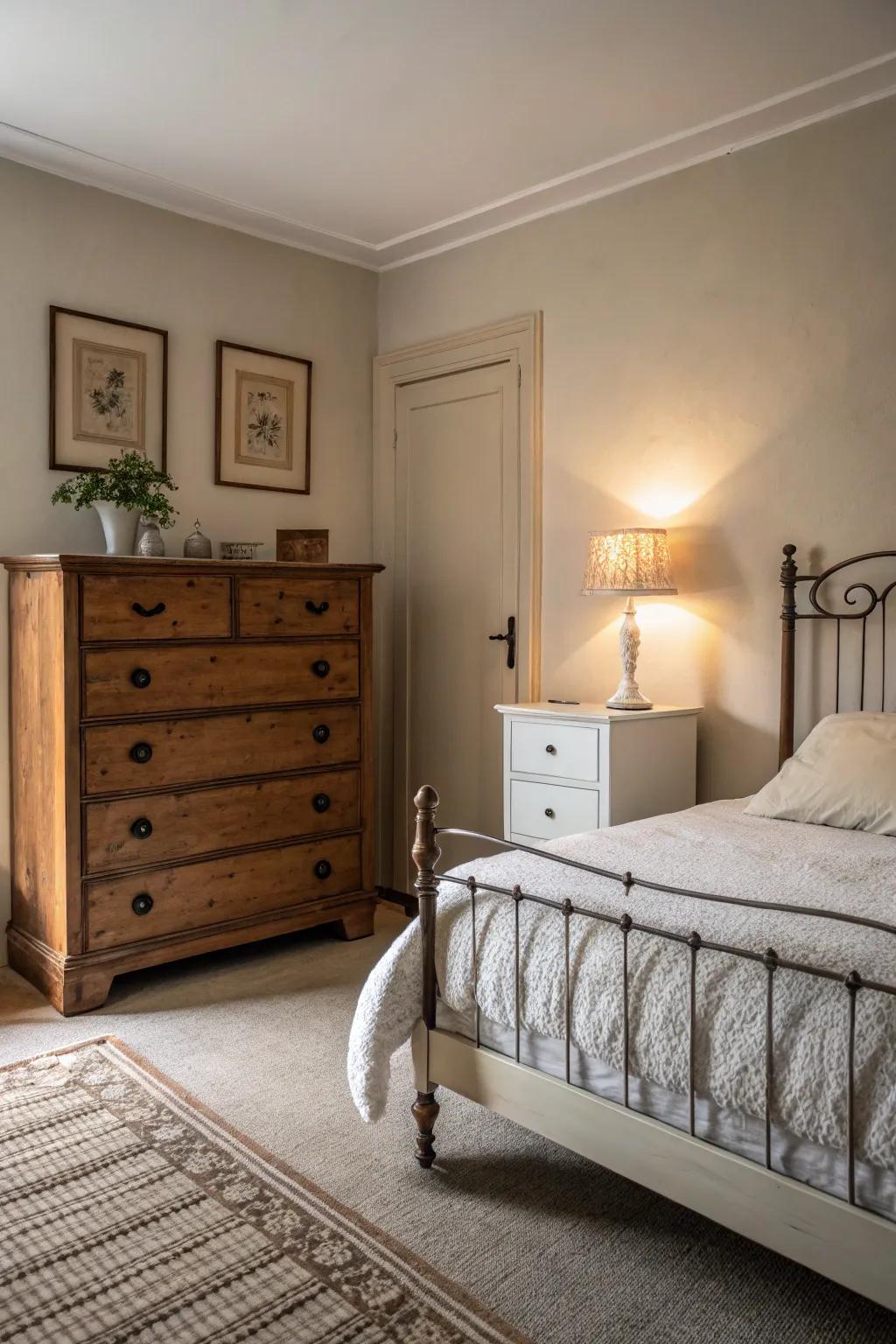A vintage dresser brings in character, while a minimalist bed frame maintains the room's contemporary feel.