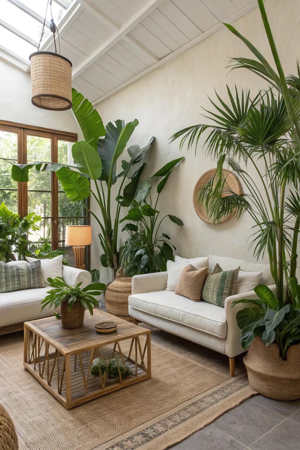 A modern tropical living space highlighting vibrant foliage and minimalist design.