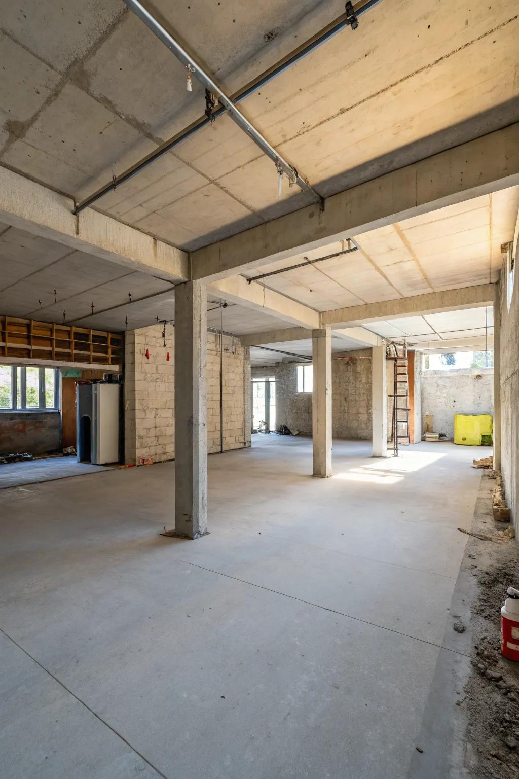 An open layout in an unfinished basement provides versatility and modern flair.