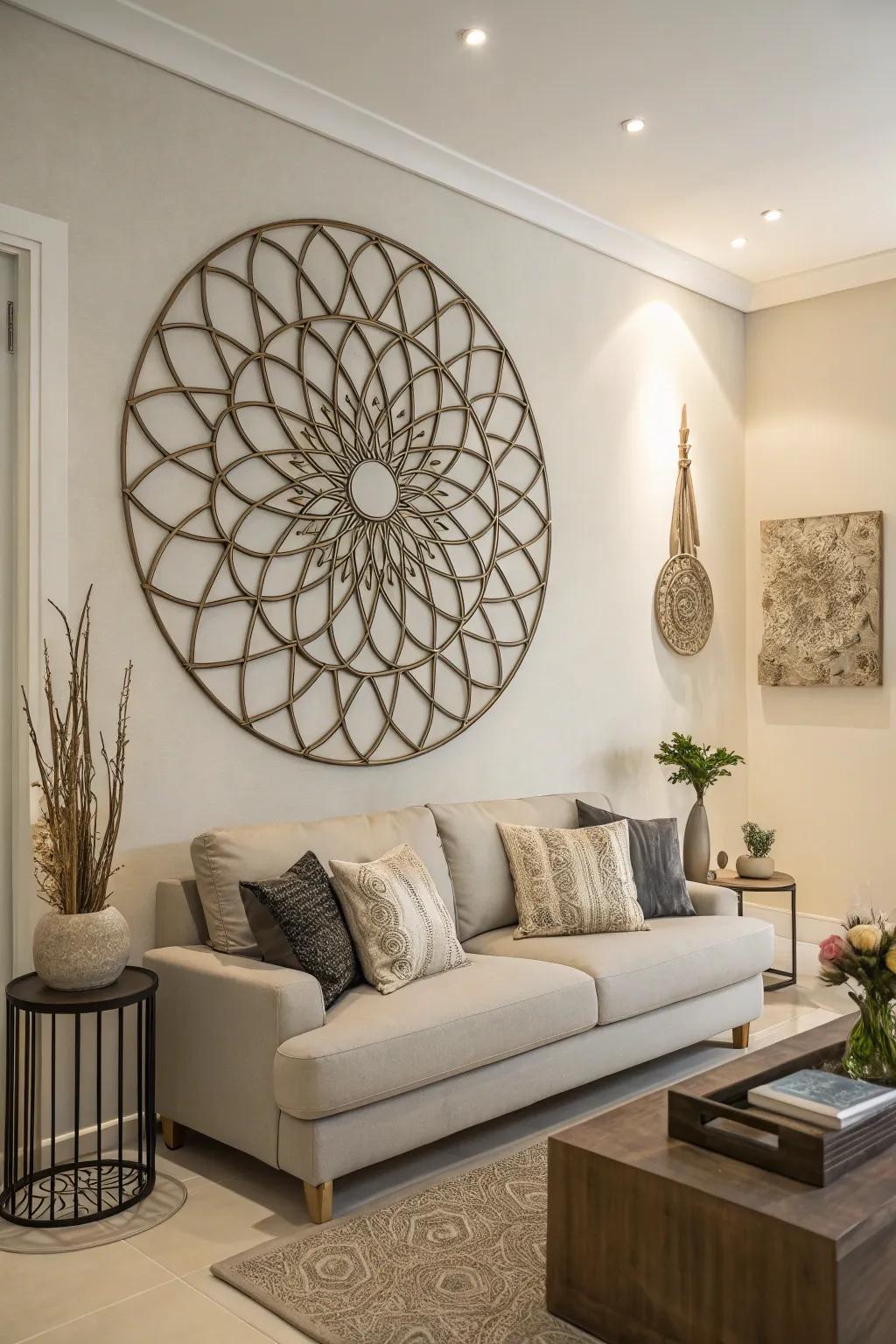 Elevated steel decor adding dimension to a minimalist family room.