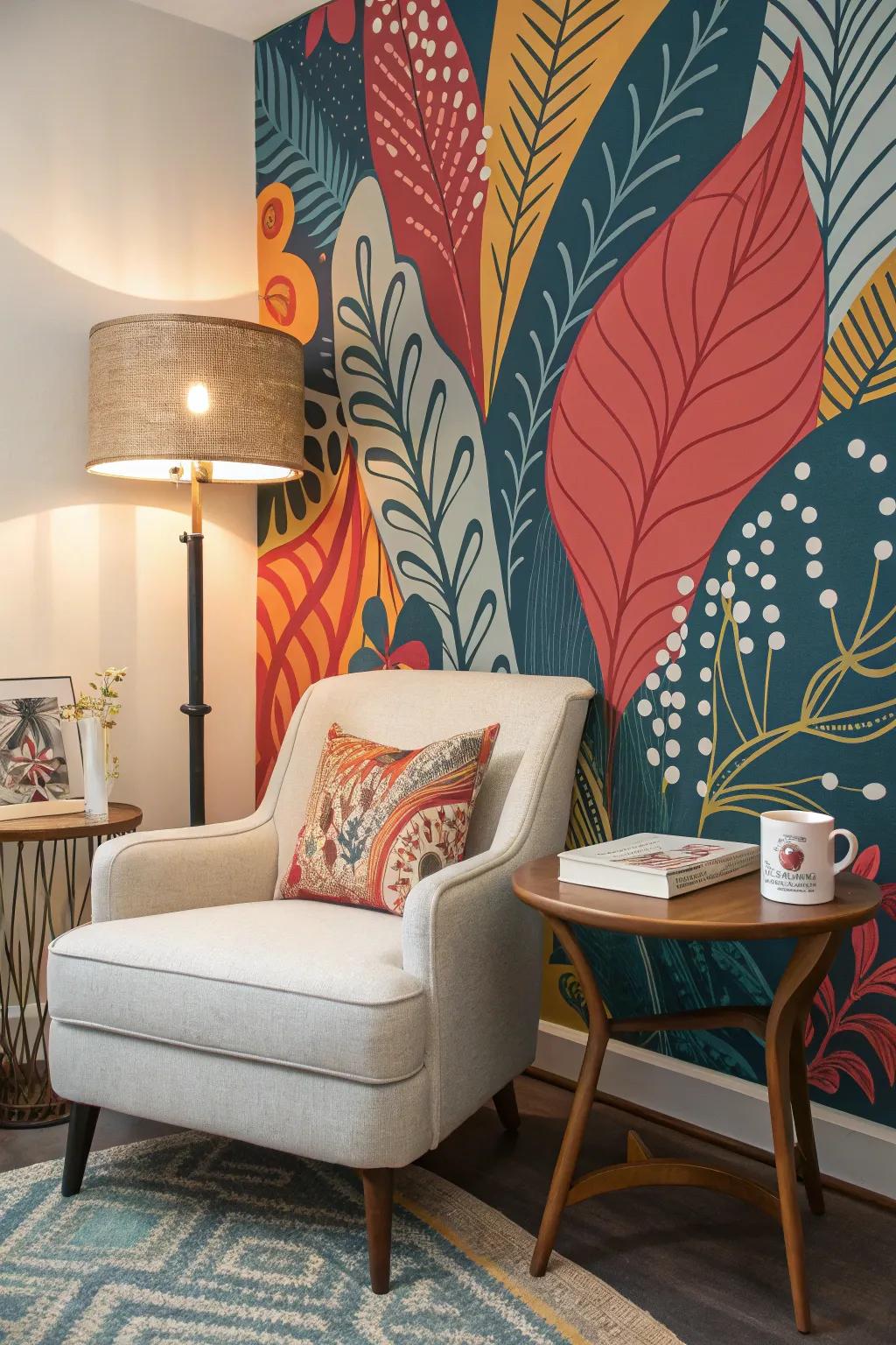 Lively non-representational wall decor in a comfortable reading corner.