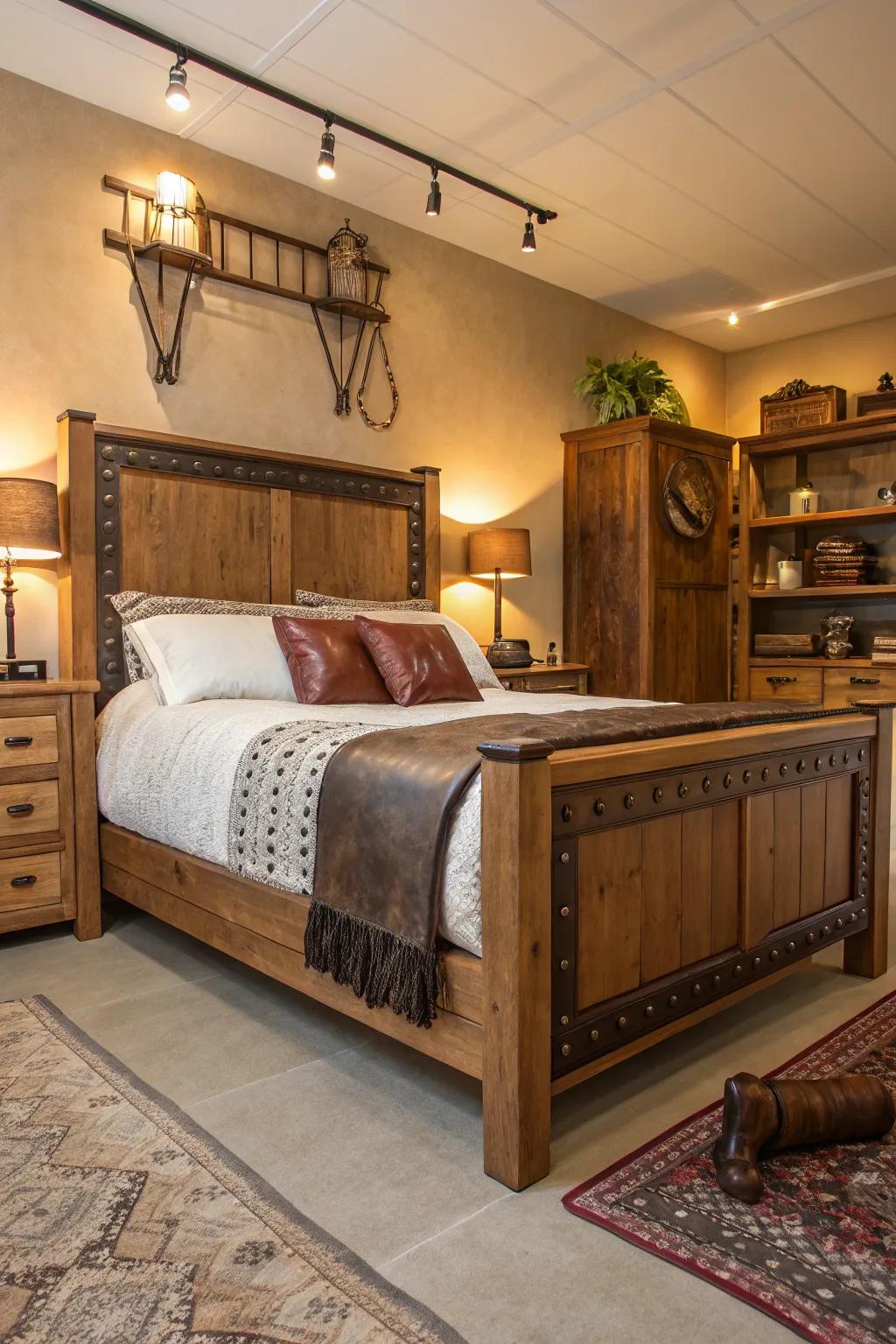 Authentic materials such as timber and rawhide create the environment for an intimate western bedroom.