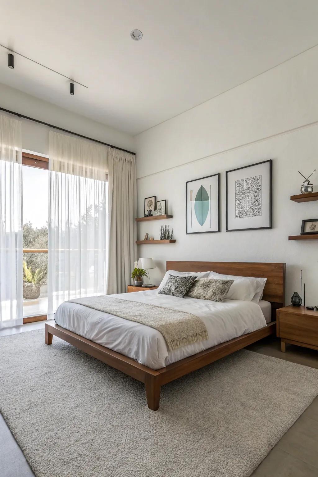 Immaculate white walls lay the groundwork for a calm bedroom.